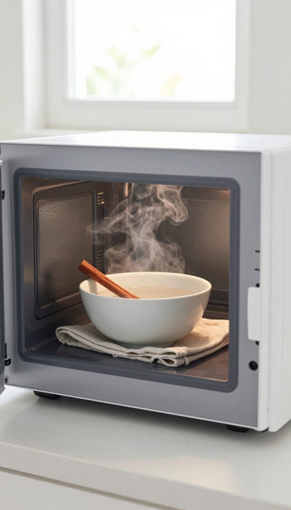 Bowl of water with cinnamon stick inside microwave, steam rising, kitchen background