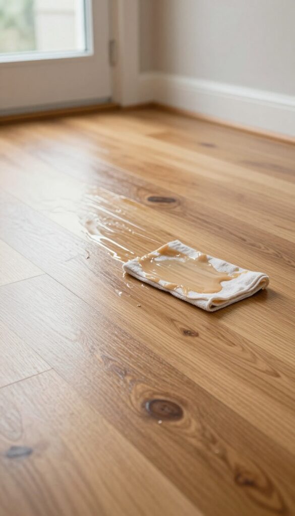 Applying a thin layer of natural wax to a hardwood floor with a soft cloth for extra protection and shine.