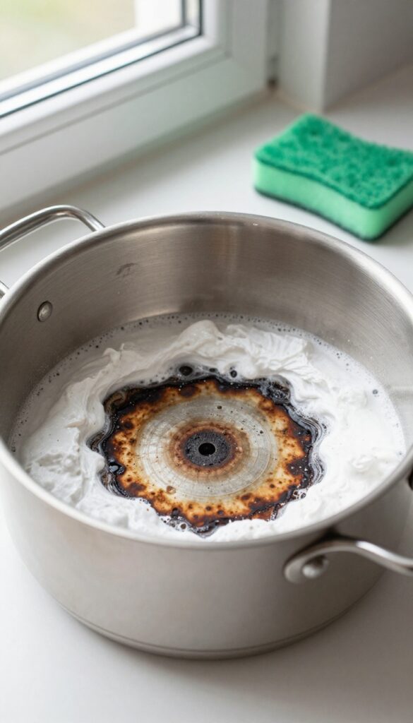 Baking soda paste applied to burnt pot bottom, with sponge nearby, bright natural light.