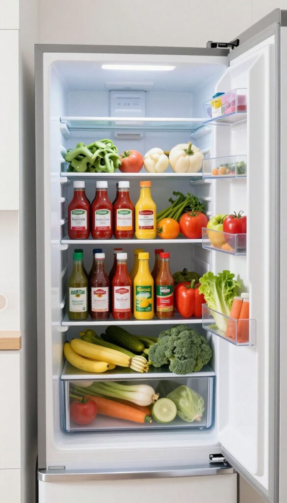 A lazy Susan in a refrigerator filled with condiment bottles, organized and easy to access.
