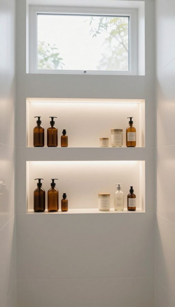 Backlit shower niche with glowing LED strips and neatly arranged bottles