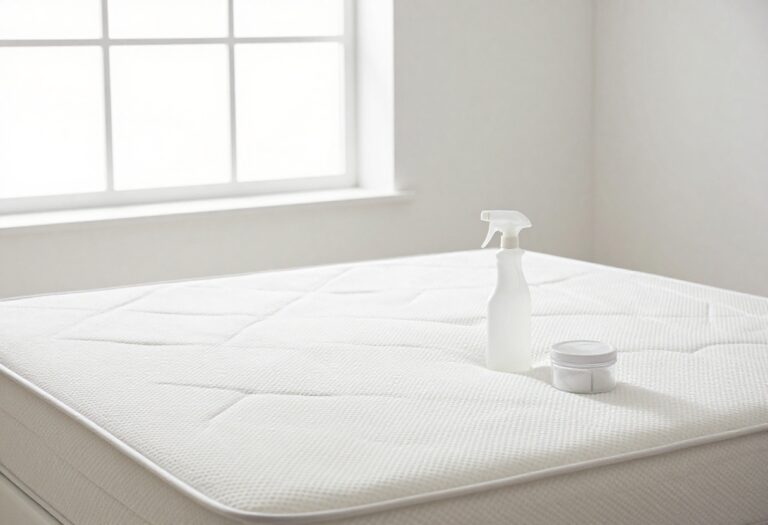 Clean mattress with cleaning supplies in sunlit bedroom