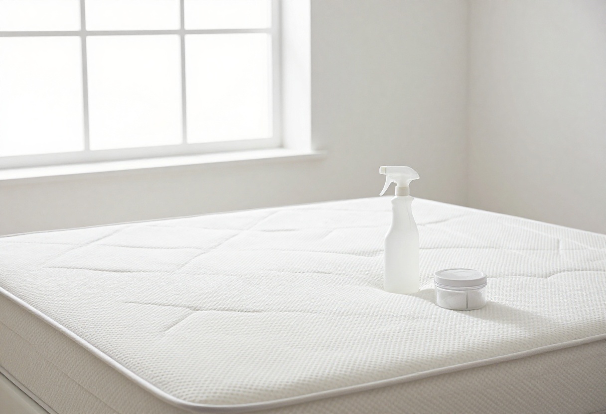 Clean mattress with cleaning supplies in sunlit bedroom