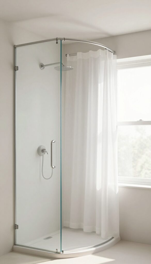 Curved ceiling-mounted shower curtain track over glass door for privacy