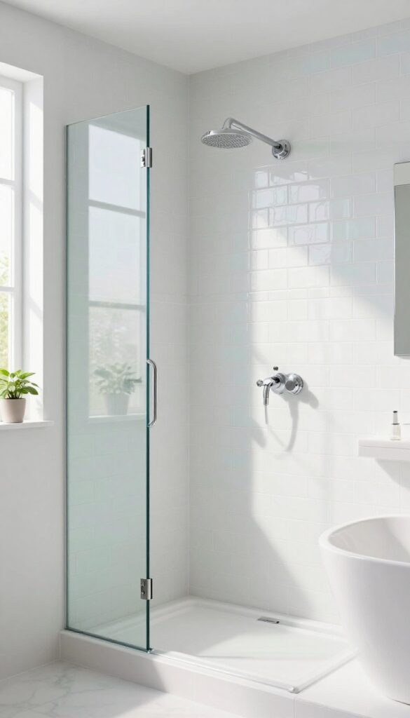Bright bathroom shower with iridescent glass subway tiles reflecting light