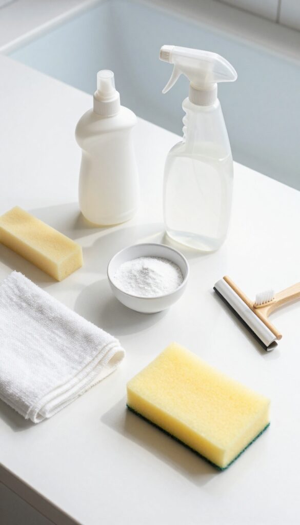 Cleaning supplies arranged on a countertop for removing soap scum from shower tile