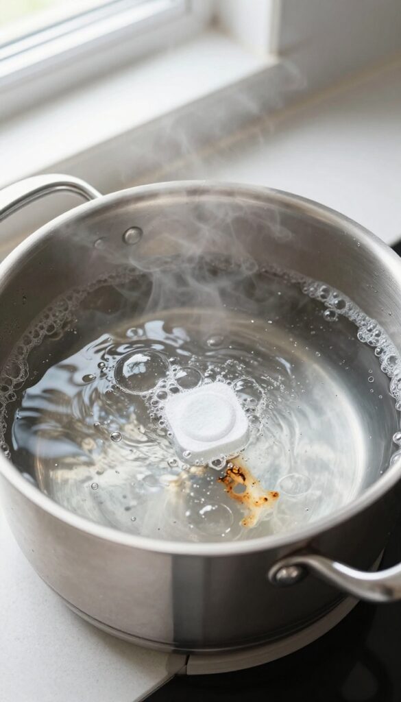 Dishwasher tablet dissolving in hot water inside a burnt stainless steel pot, with steam and bubbles, on a kitchen counter.