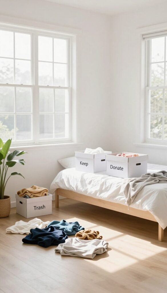 Three labeled boxes for keep, donate, and trash on a bed in a bright, clean bedroom during decluttering.