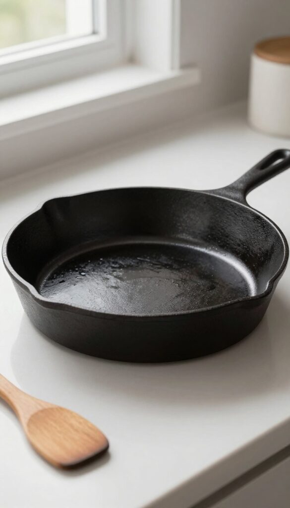 A dry, clean cast iron skillet with a wooden spatula on a kitchen counter, bathed in natural light.