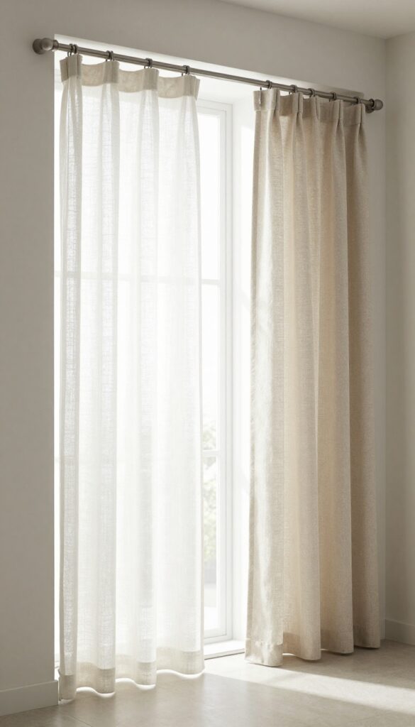 Double rod with sheer and opaque curtains on a glass shower door for privacy and light control.