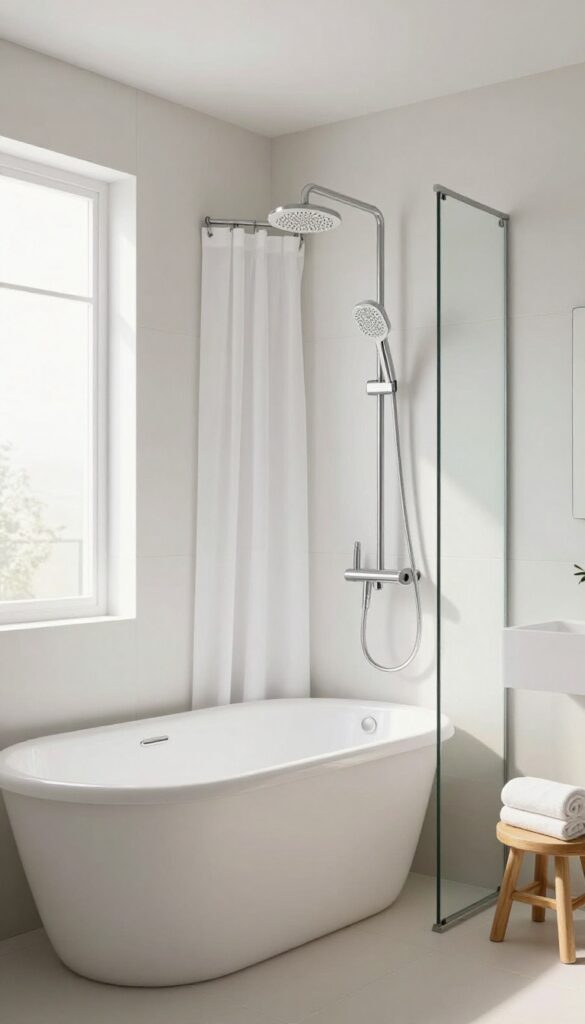 Small bathroom with shower-over-tub combo, curved rod, handheld showerhead, and glass panel in natural light