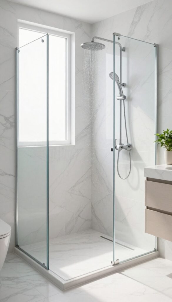 Modern bathroom shower with marble-look ceramic tiles, rainfall showerhead, and glass enclosure