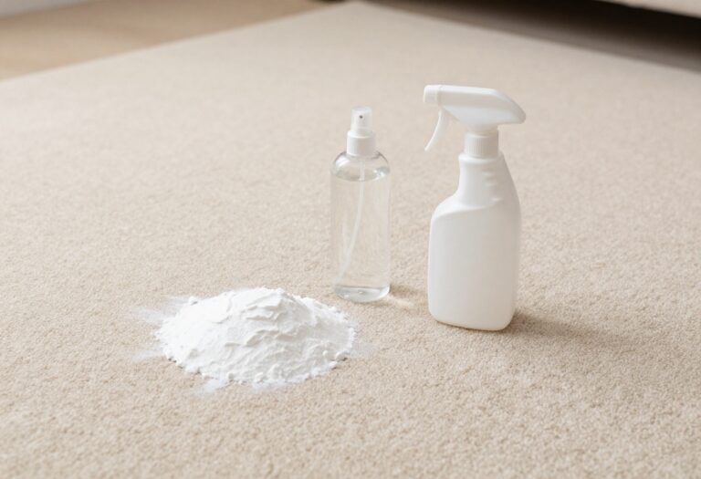 Carpet cleaning supplies on a clean beige carpet
