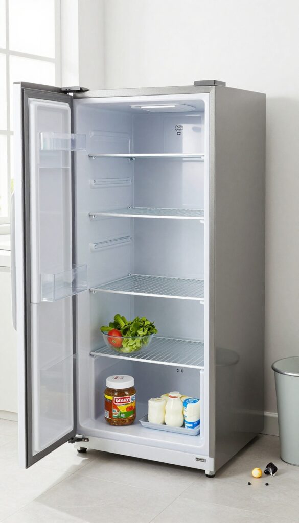 Empty refrigerator with shelves removed and items sorted on the floor, ready for cleaning and organization.
