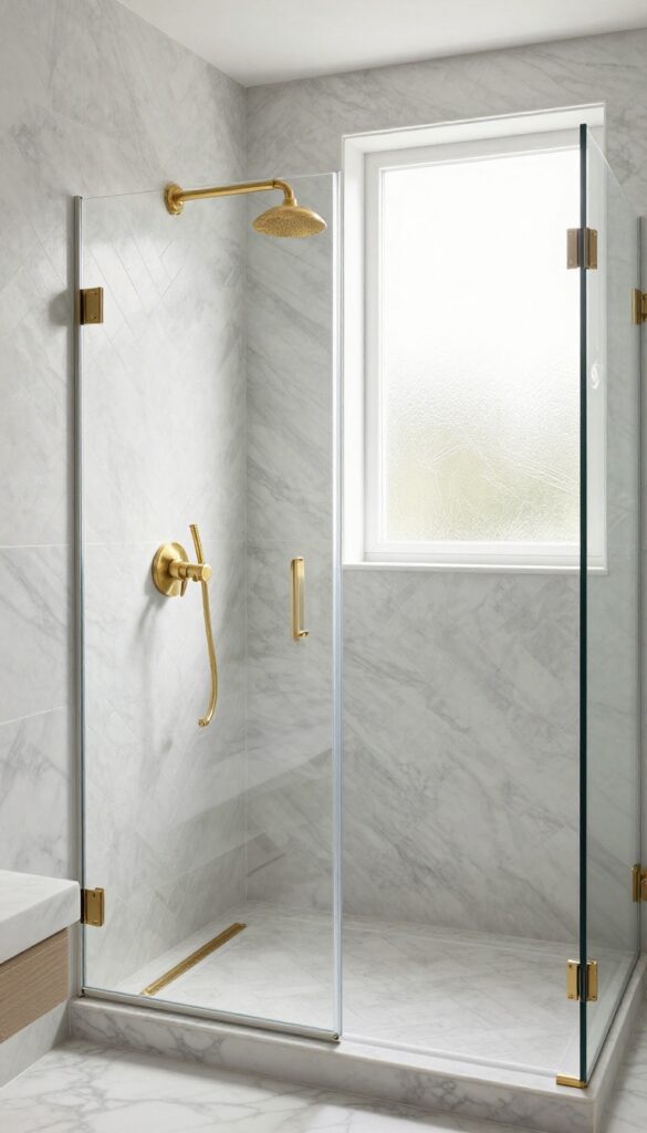 Marble herringbone tile pattern in a bright, elegant shower with brass fixtures and natural light.