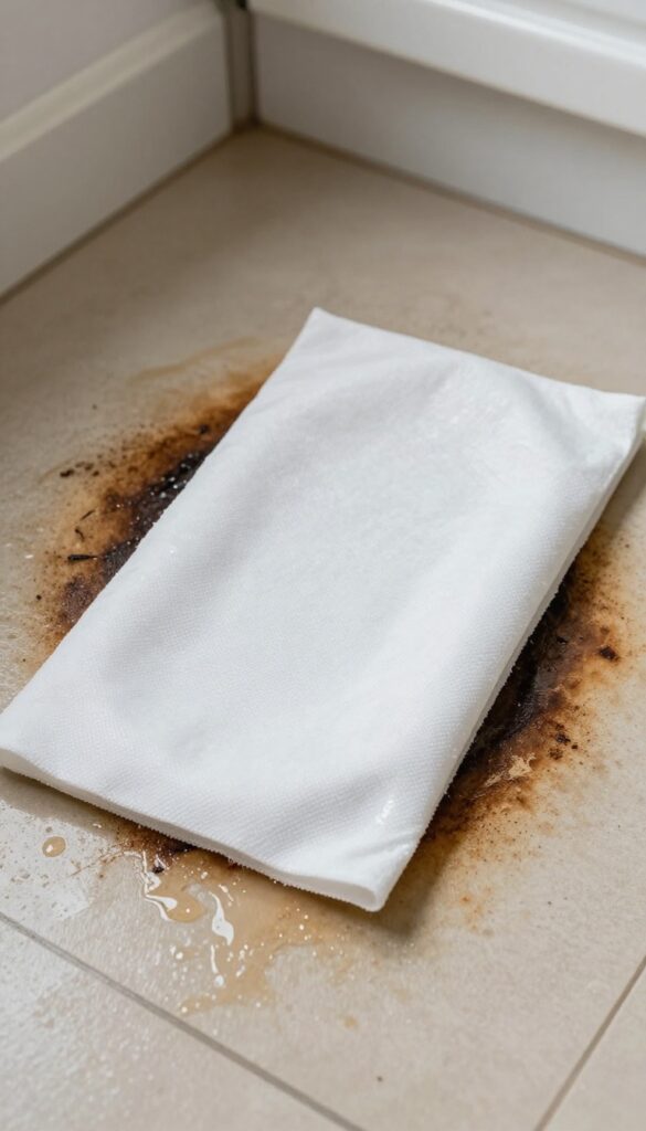 Wet dryer sheet placed on burnt oven spot for cleaning