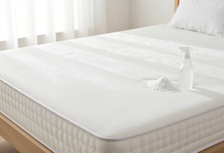 Clean white mattress with cleaning supplies on a bed in a bright room