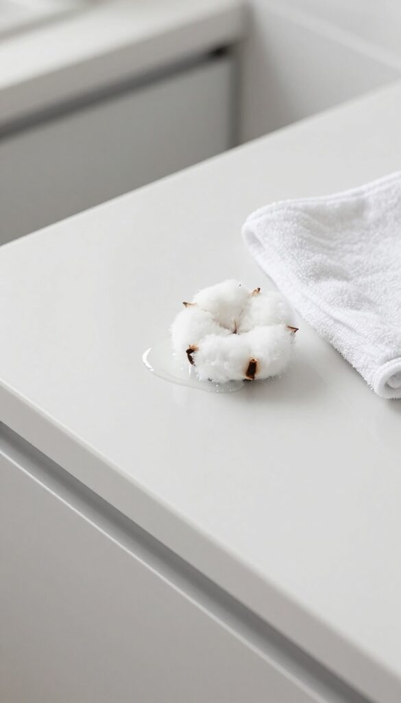 Cleaning sticky residue from a kitchen cabinet with rubbing alcohol and a cotton ball