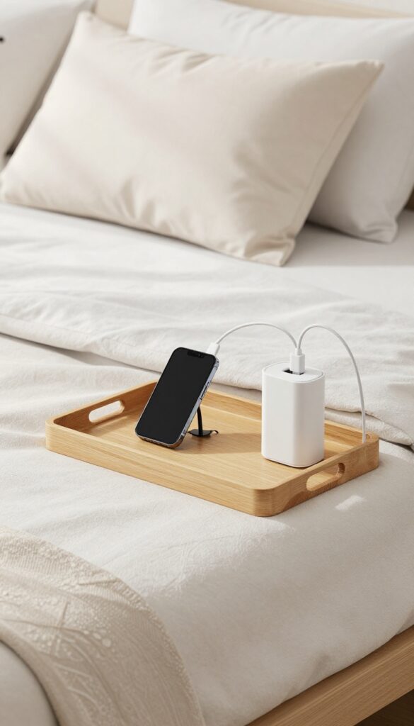 A stylish charging station on a nightstand with a wooden tray, smartphone, smartwatch, and cable management box in a bright, airy bedroom.