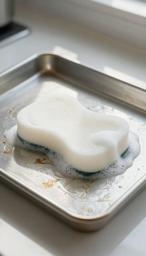 A wet white melamine sponge scrubbing burnt grease marks on a metal baking sheet in bright natural light.