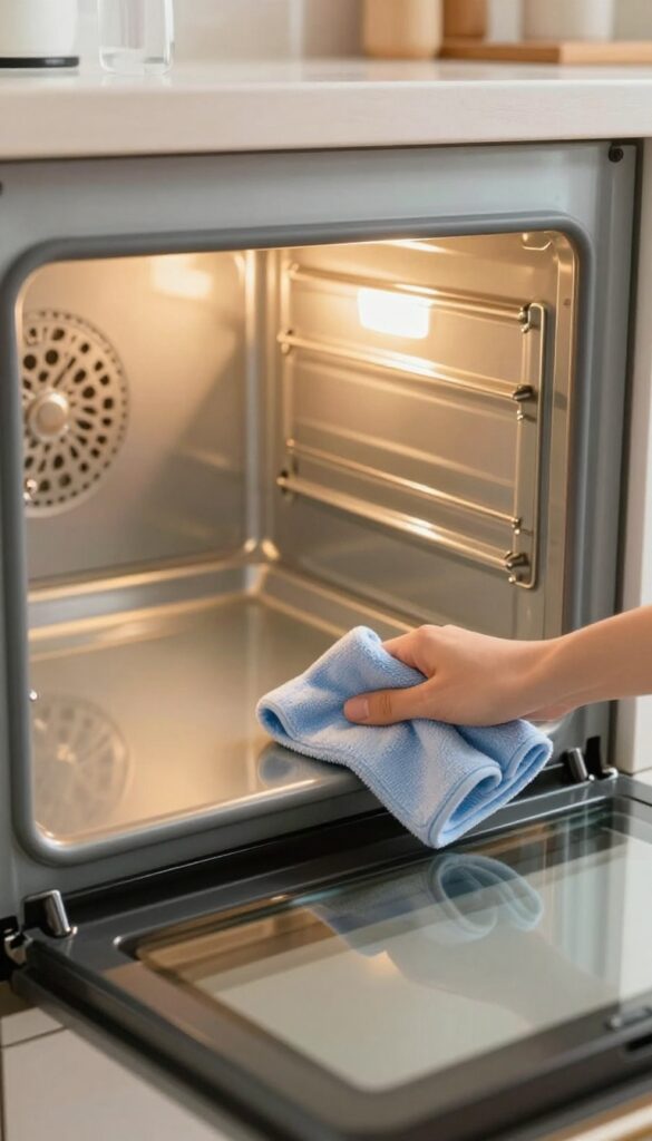 Weekly quick wipe routine for oven cleaning with microfiber cloth and spray bottle