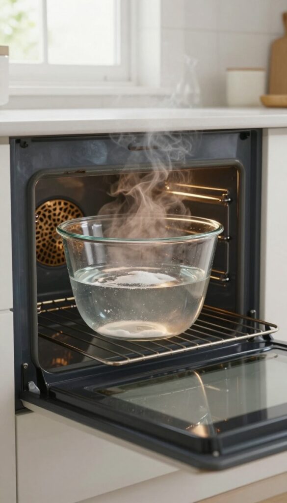 Steam cleaning an oven with a bowl of baking soda and water