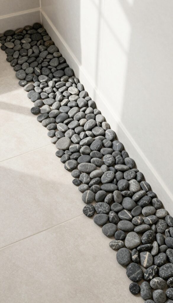 Close-up of a river rock shower curb creating a seamless transition from bathroom floor to shower