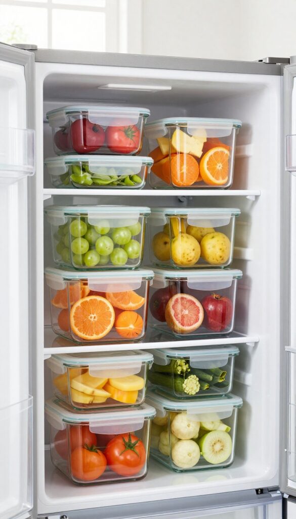Airtight glass containers with fresh cut fruits and vegetables on a clean refrigerator shelf
