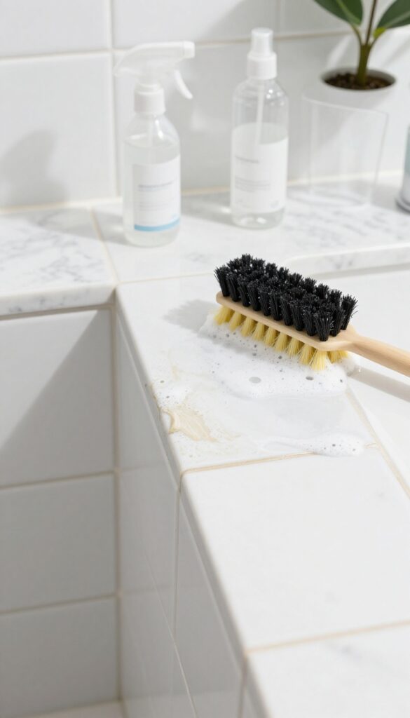 Hydrogen peroxide applied to grout lines fizzing and cleaning