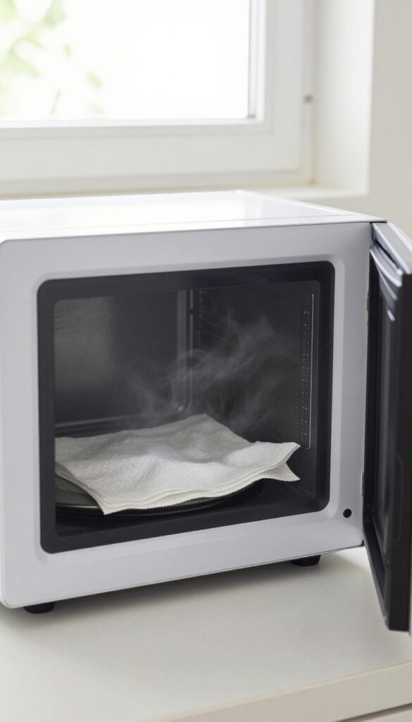 Microwave with a wet paper towel inside, steam rising, kitchen background