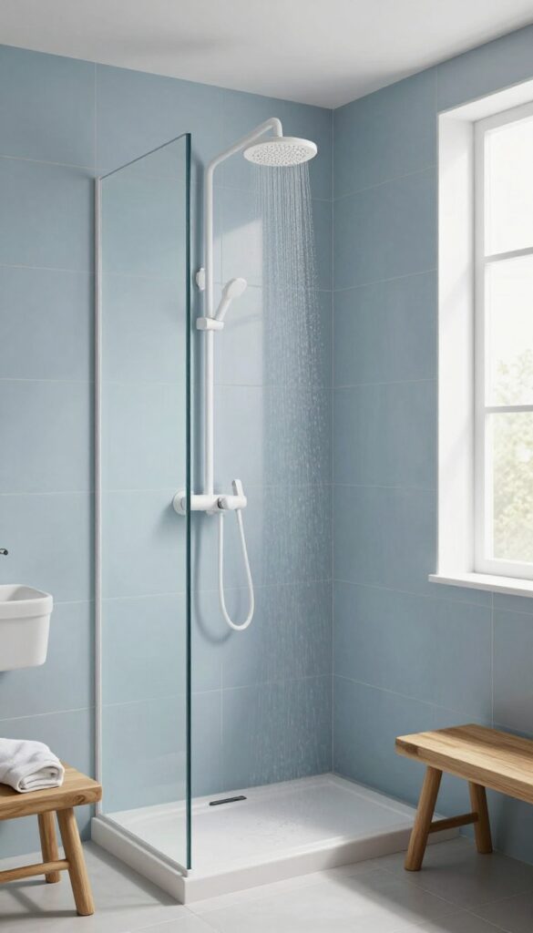 Large-format slate blue porcelain slabs in a modern shower with rainfall showerhead and wood bench