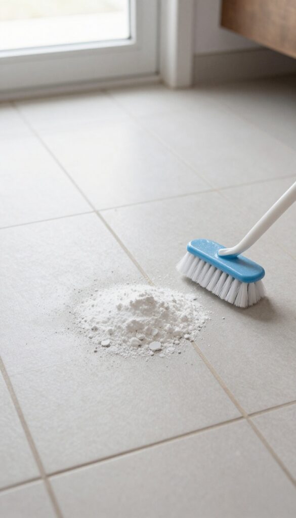 Close-up of cleaning grout lines with baking soda paste on a tiled floor, bright natural light