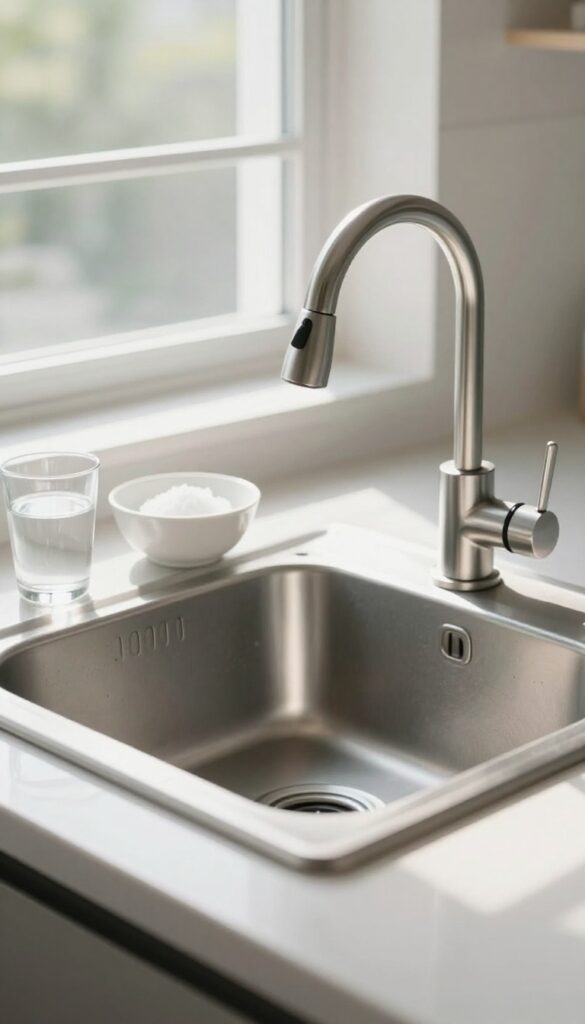Oxygen cleaner powder and hot water next to a clean kitchen sink for odor control