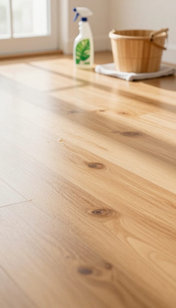 Clean hardwood floor with natural shine, eco-friendly cleaning supplies in background