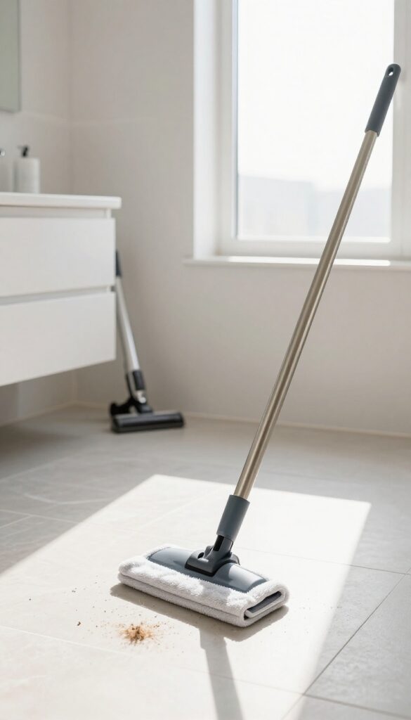 Dry sweeping bathroom floor with microfiber mop before wet cleaning