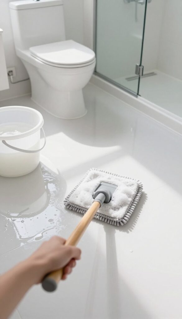 Person mopping a clean bathroom floor with a microfiber mop, bright natural light, spotless fixtures.