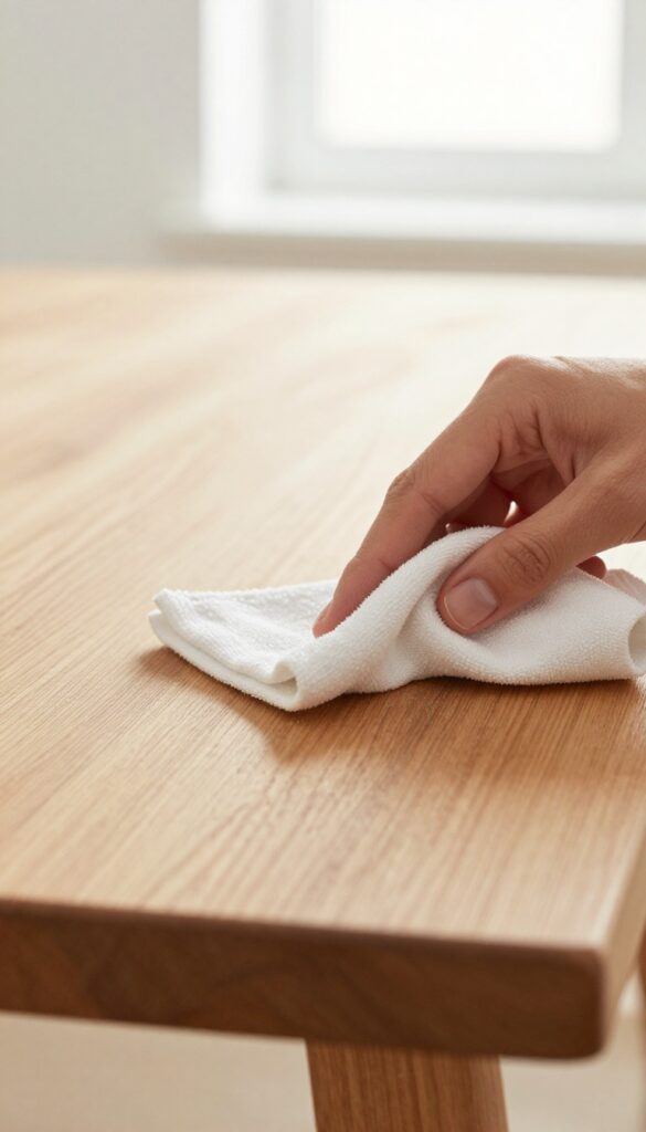 Hand dusting a wooden table with a microfiber cloth in bright natural light