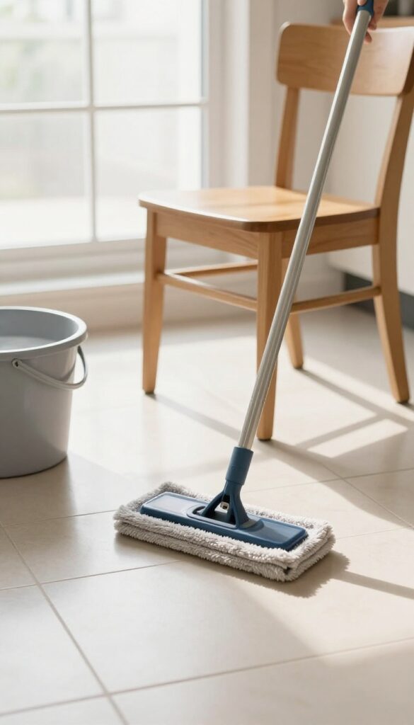 Mopping a clean kitchen floor with natural light and a wooden chair pushed aside