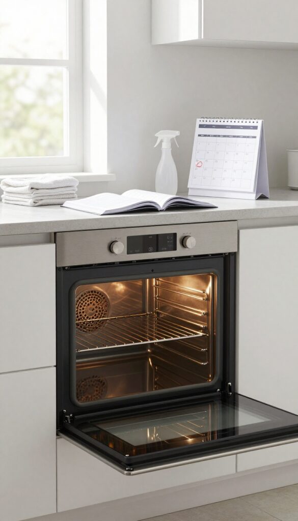 A clean oven with open door, calendar marked for deep clean, and cleaning supplies on a bright kitchen counter.