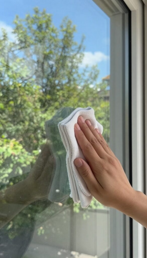 Hand polishing a window with a dry microfiber cloth for a streak-free shine.