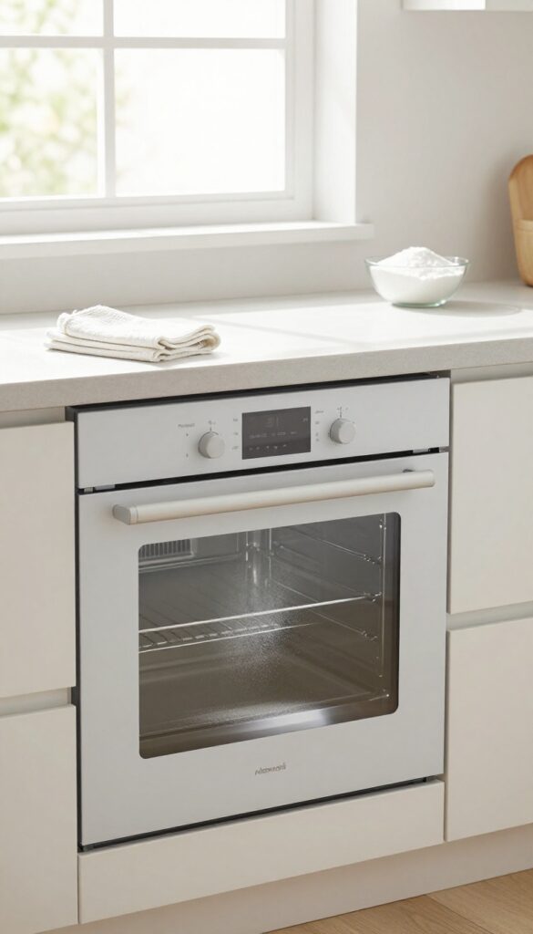 Oven interior with ash after self-cleaning cycle, microfiber cloth on counter