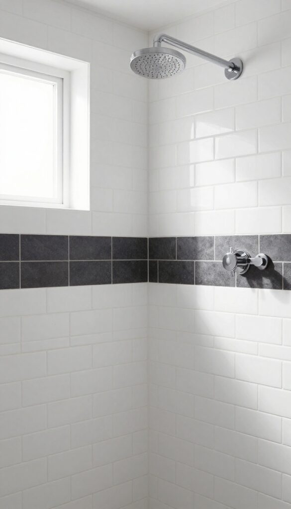 Horizontal band of dark stone tiles contrasting with white subway tiles in a bright shower