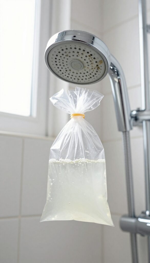 Showerhead being soaked in vinegar to remove mineral deposits