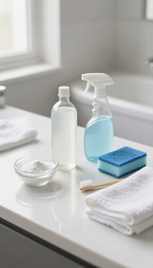 Cleaning supplies for jacuzzi tub jets arranged on a bathroom countertop