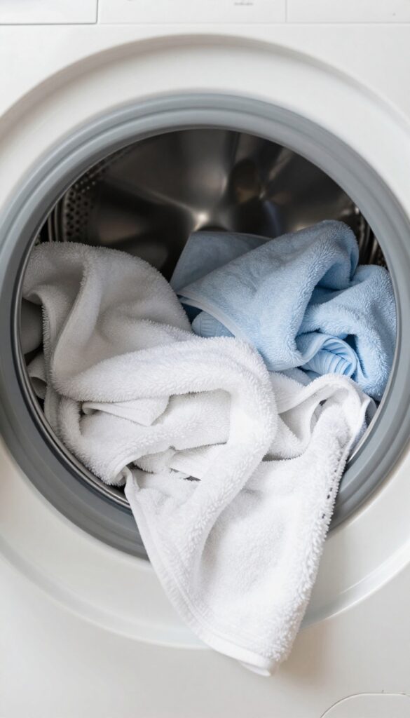 Loosely packed towels in a washing machine drum with space for water circulation
