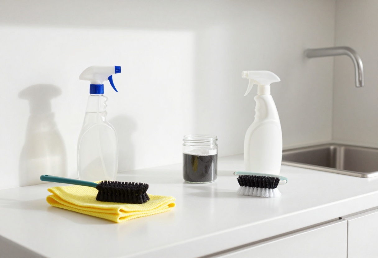Kitchen cleaning supplies arranged on a countertop