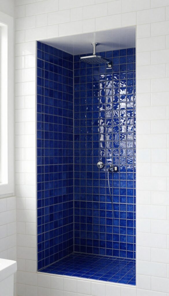 Shower niche with deep blue glass mosaic tiles contrasting white subway tiles, natural light, spa-like bathroom design