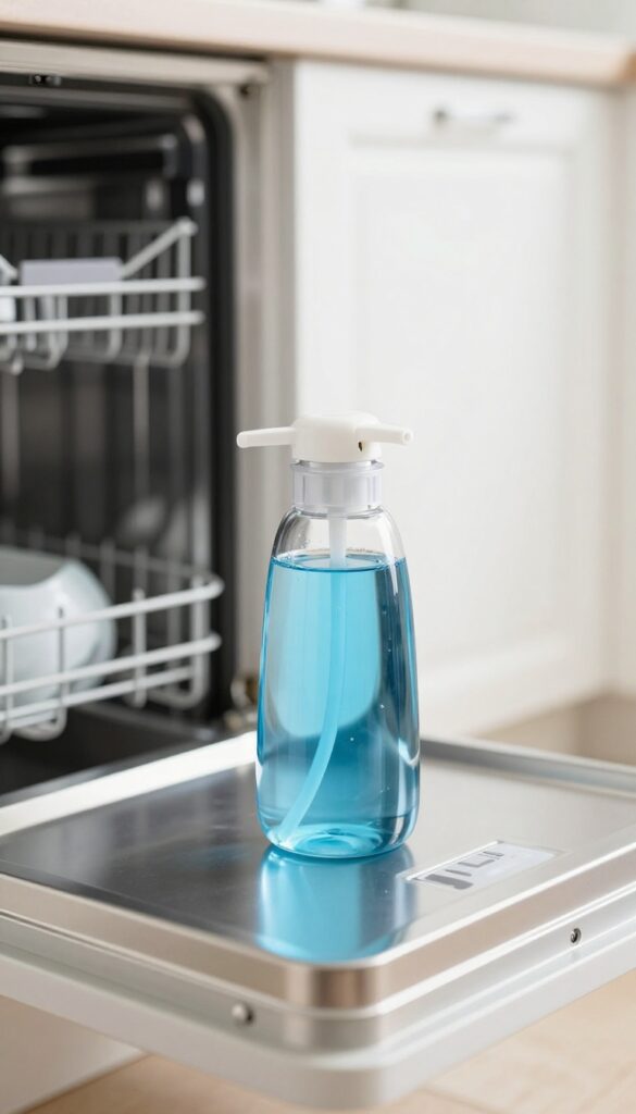Close-up of a dishwasher rinse aid dispenser being opened, with clean dishes in the background.