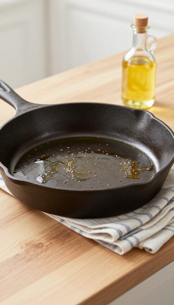 Cast iron skillet being seasoned with flaxseed oil on a wooden countertop, glossy finish, natural light