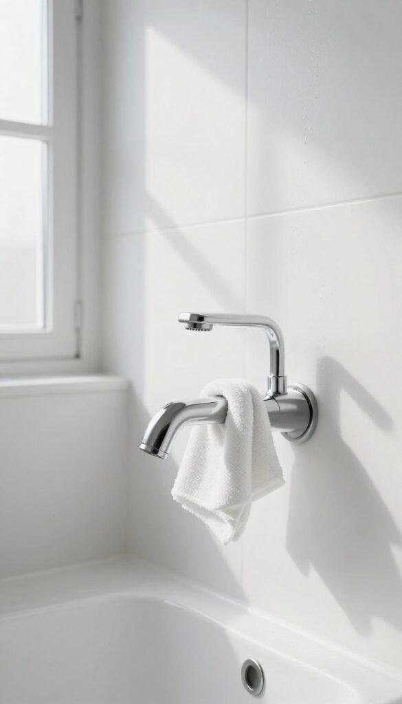 Wiping down metal fixtures in a fiberglass shower stall to prevent rust stains